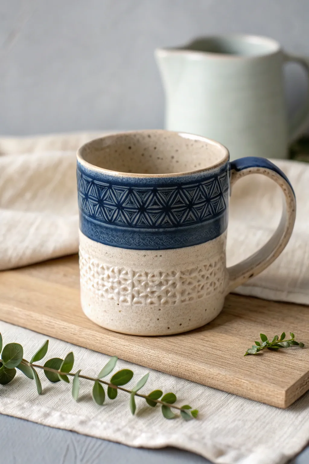 Stamped texture bands add modern character to a bold glazed mug, styled with a tiny plant.