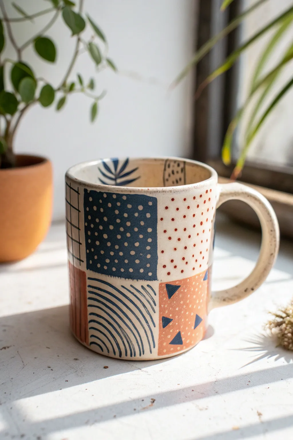 Hand-painted patchwork doodle mug in bold boho colors on a clean minimalist backdrop.