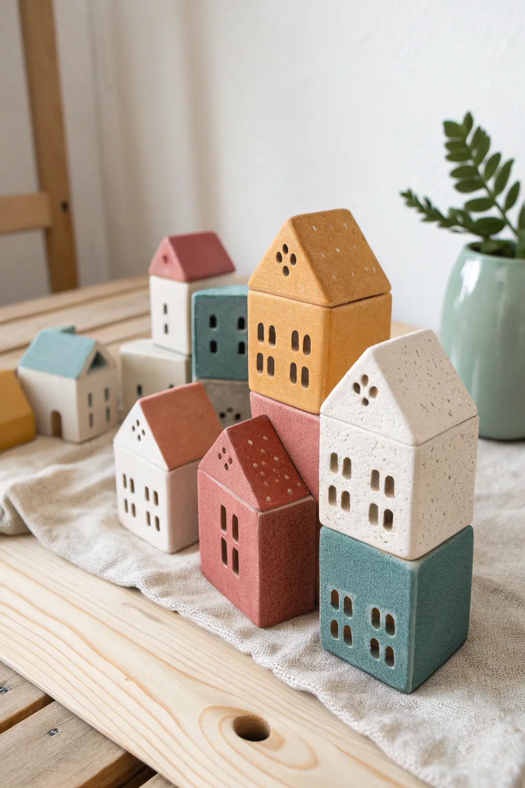 Stackable ceramic house blocks form a playful mini village, Scandinavian minimal with boho color pops.