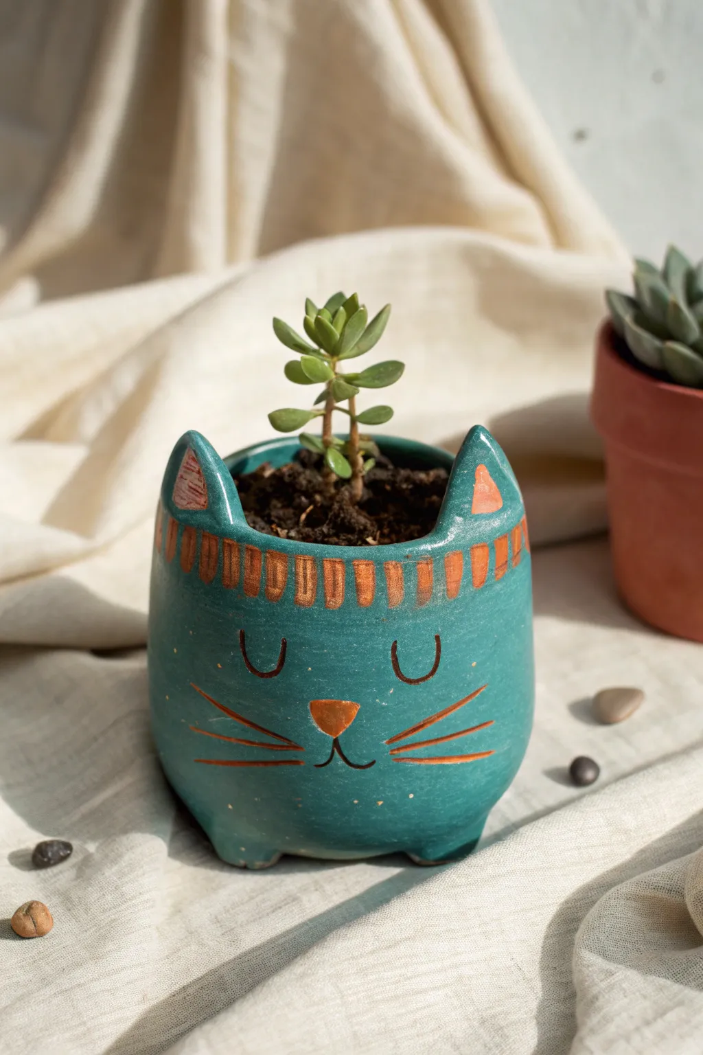 Sweet ceramic cat planter with lush greenery, Scandinavian minimalism with a boho color pop.