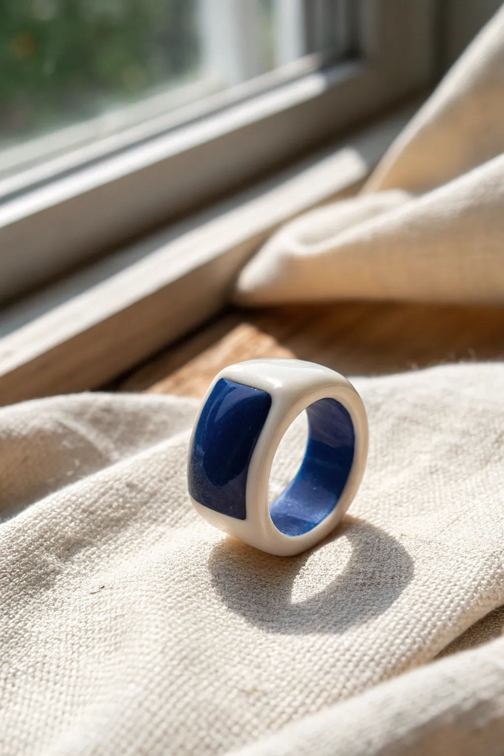 Chunky satin-glazed ceramic ring with a bold signet top, styled in minimalist Scandinavian-boho.