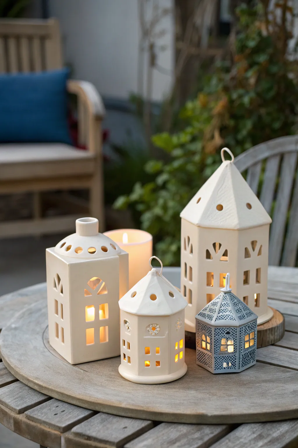 Mini ceramic lantern cluster glowing softly, a minimalist boho centerpiece with bold contrast.