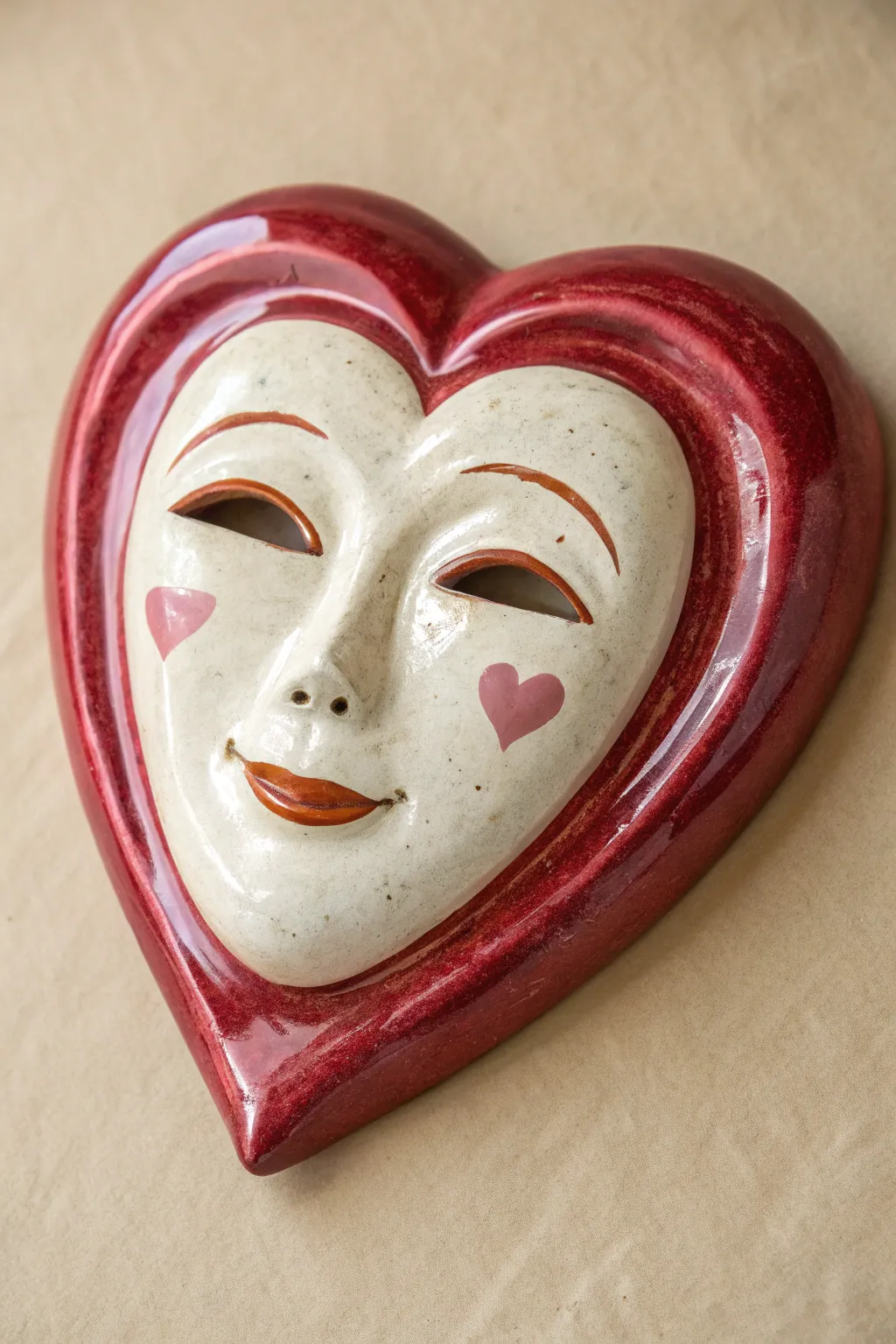 Heart-framed ceramic face mask in glossy blush red, minimalist curves with cozy boho charm