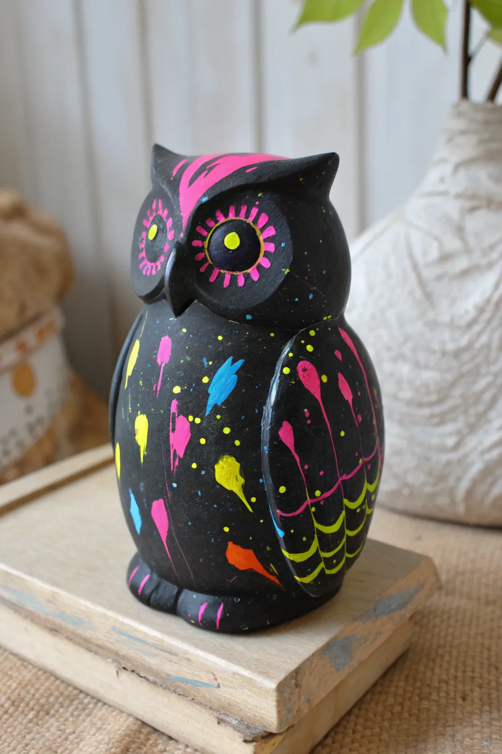 Neon splatter ceramic owl on a sleek solid base color for bold, playful modern boho vibes.