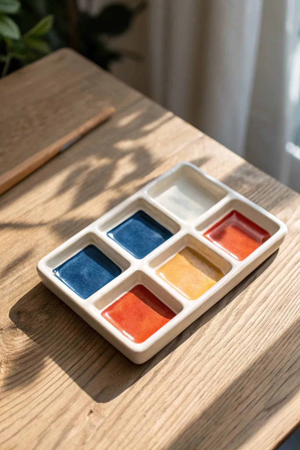 Geometric ceramic palette with deep square wells and bold color blocks for a modern studio look