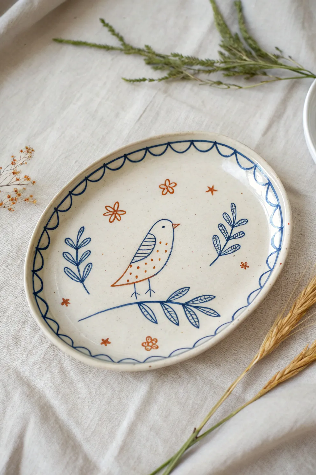 Whimsical animal story platter in bold cobalt and terracotta, minimalist boho table styling.