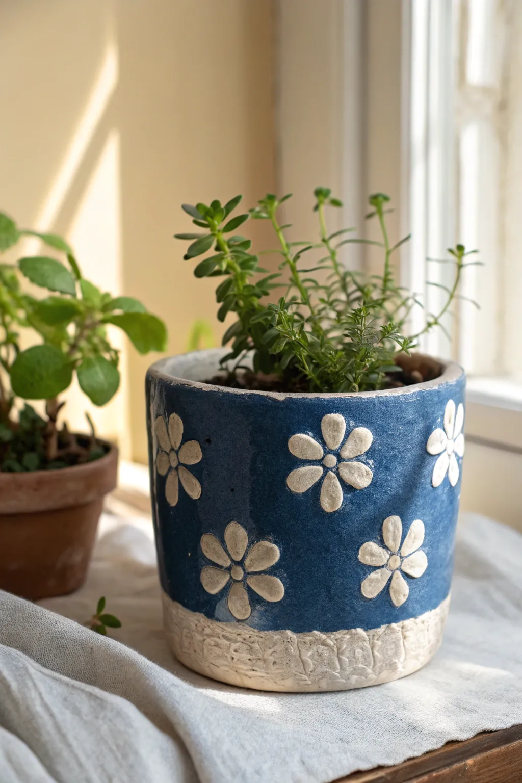 Minimal ceramic planter with raised clay flowers, a simple DIY-friendly idea with fresh greenery.