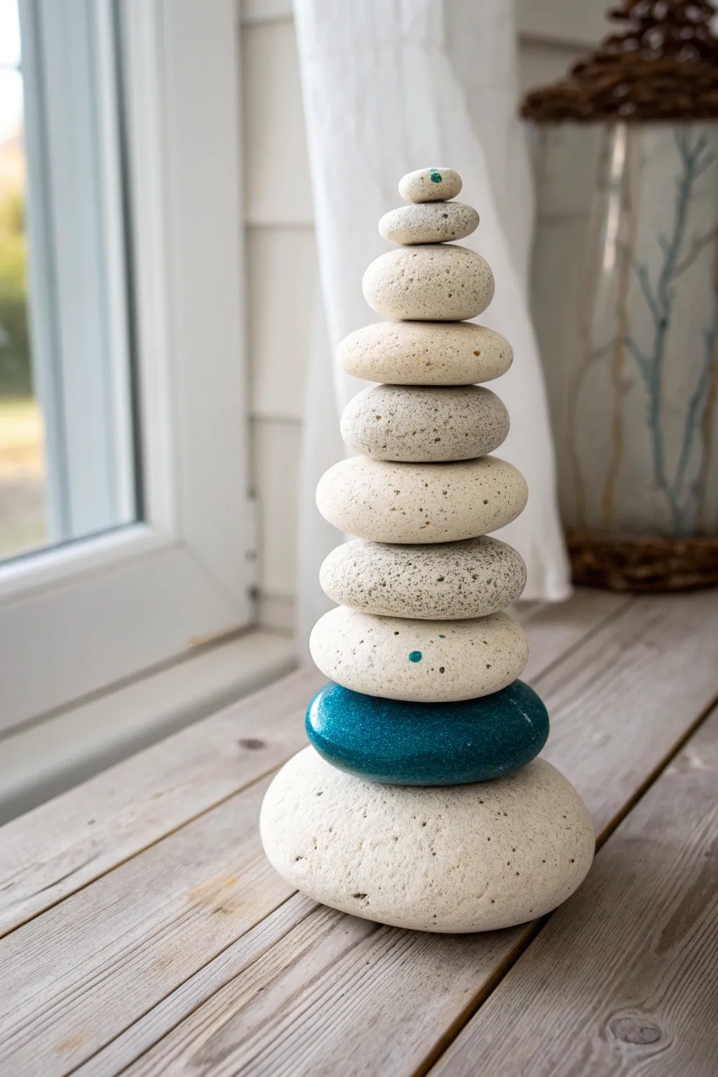 Stacked pebble cairn ceramic sculpture with speckled glaze, minimalist zen with boho warmth.
