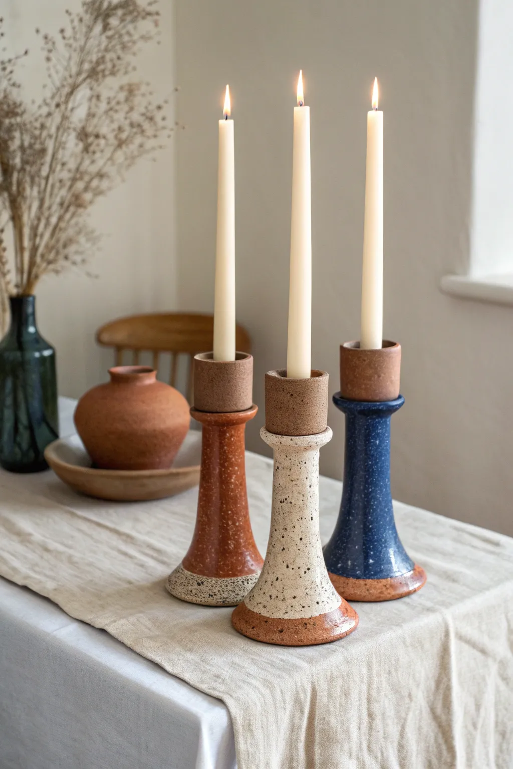 Three handmade ceramic taper holders in bold earthy hues for a cozy minimalist candle moment.