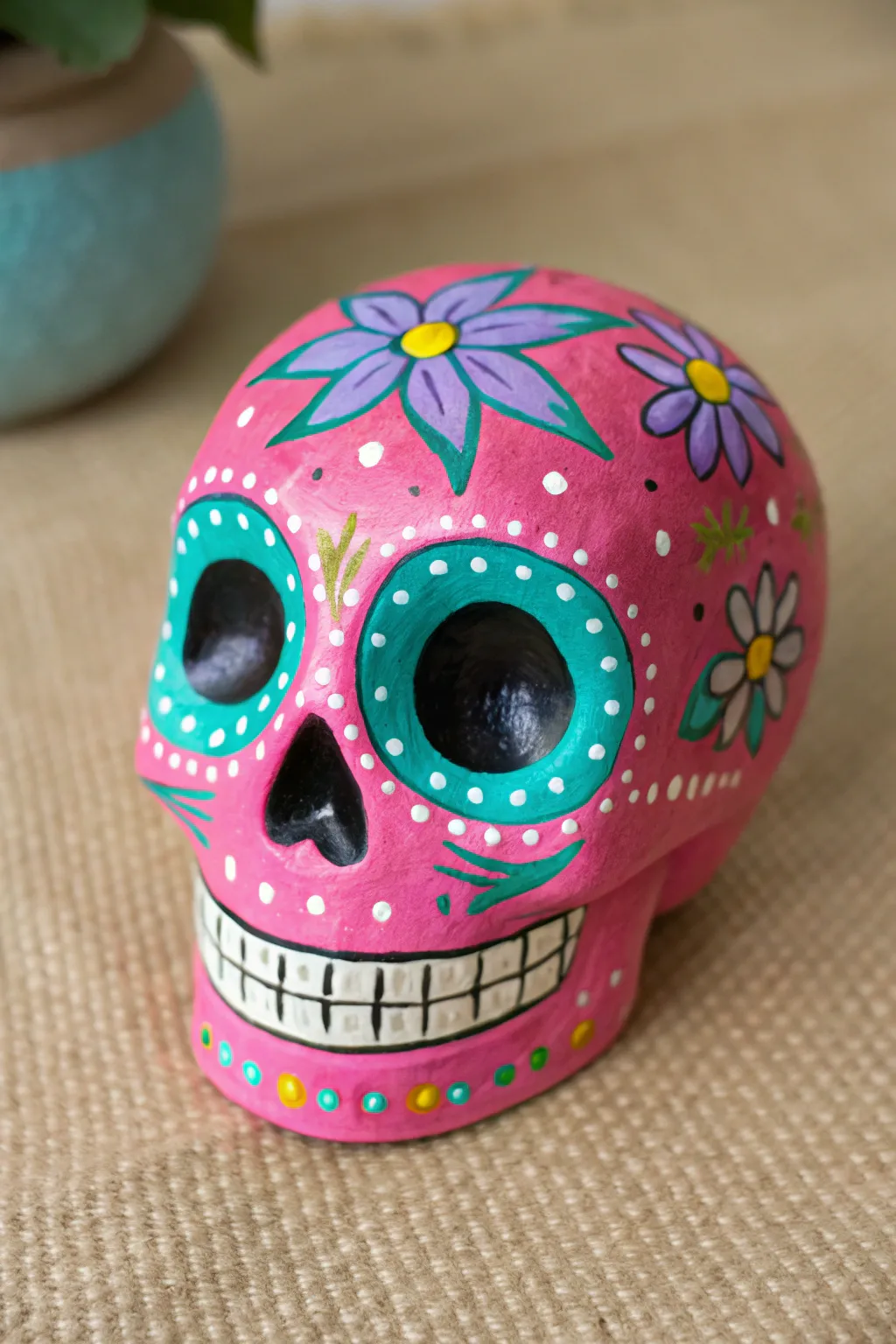 Neon glow sugar skull with starry speckles in moody light, bold color and simple DIY details