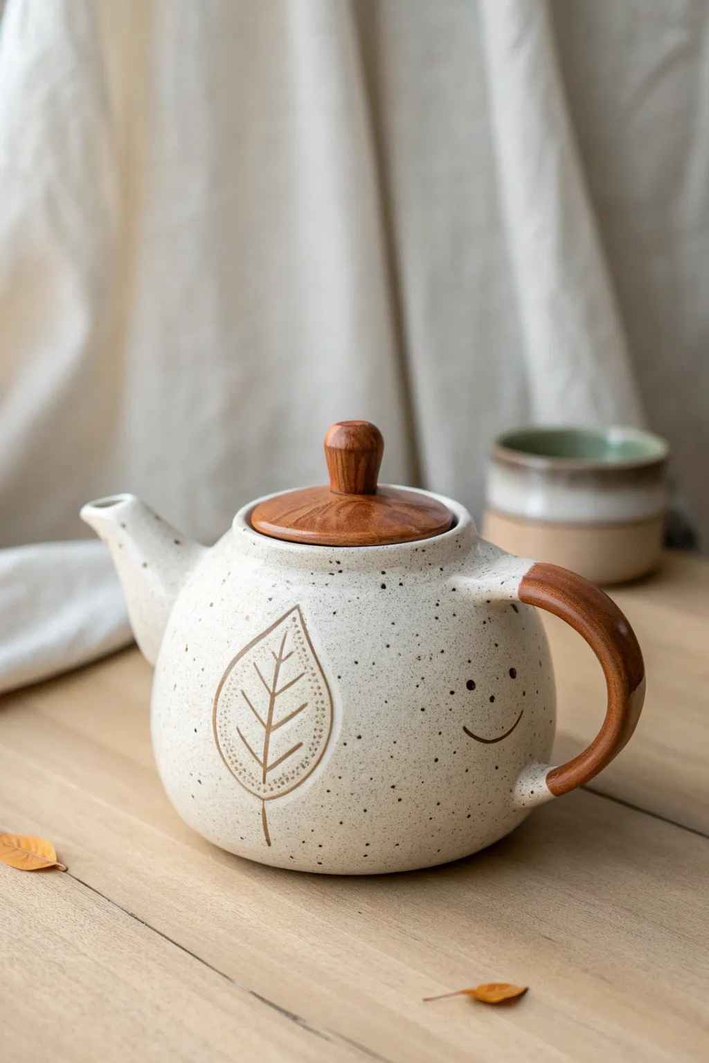 A simple teapot with a tiny 3D leaf appliqué adds charm while staying minimal and modern.