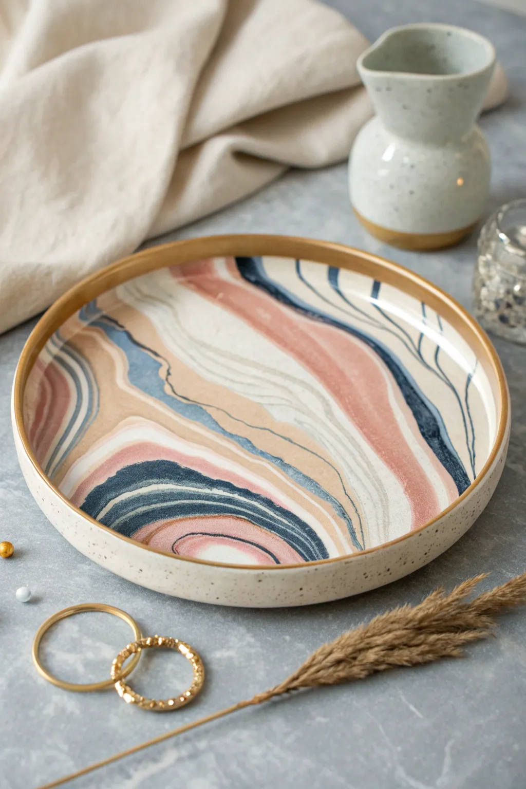 Glossy agate-style slip-striped ceramic tray with bold color layers, styled simply with ring and bud vase.
