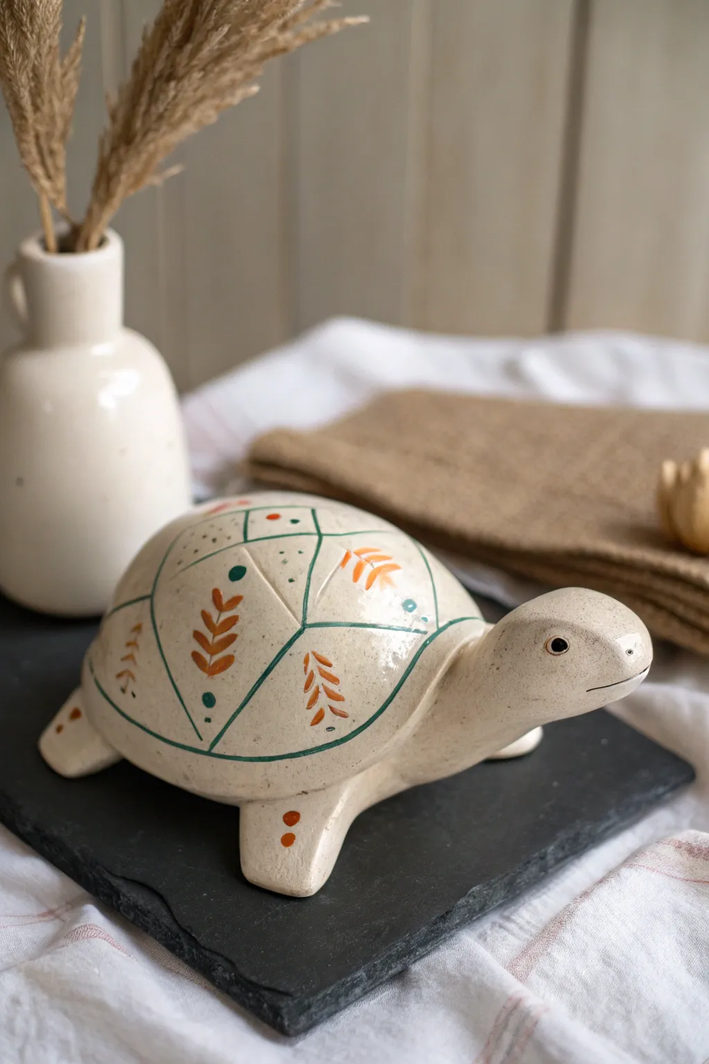 Minimal negative space turtle with teal and terracotta accents for a modern ceramic painting idea