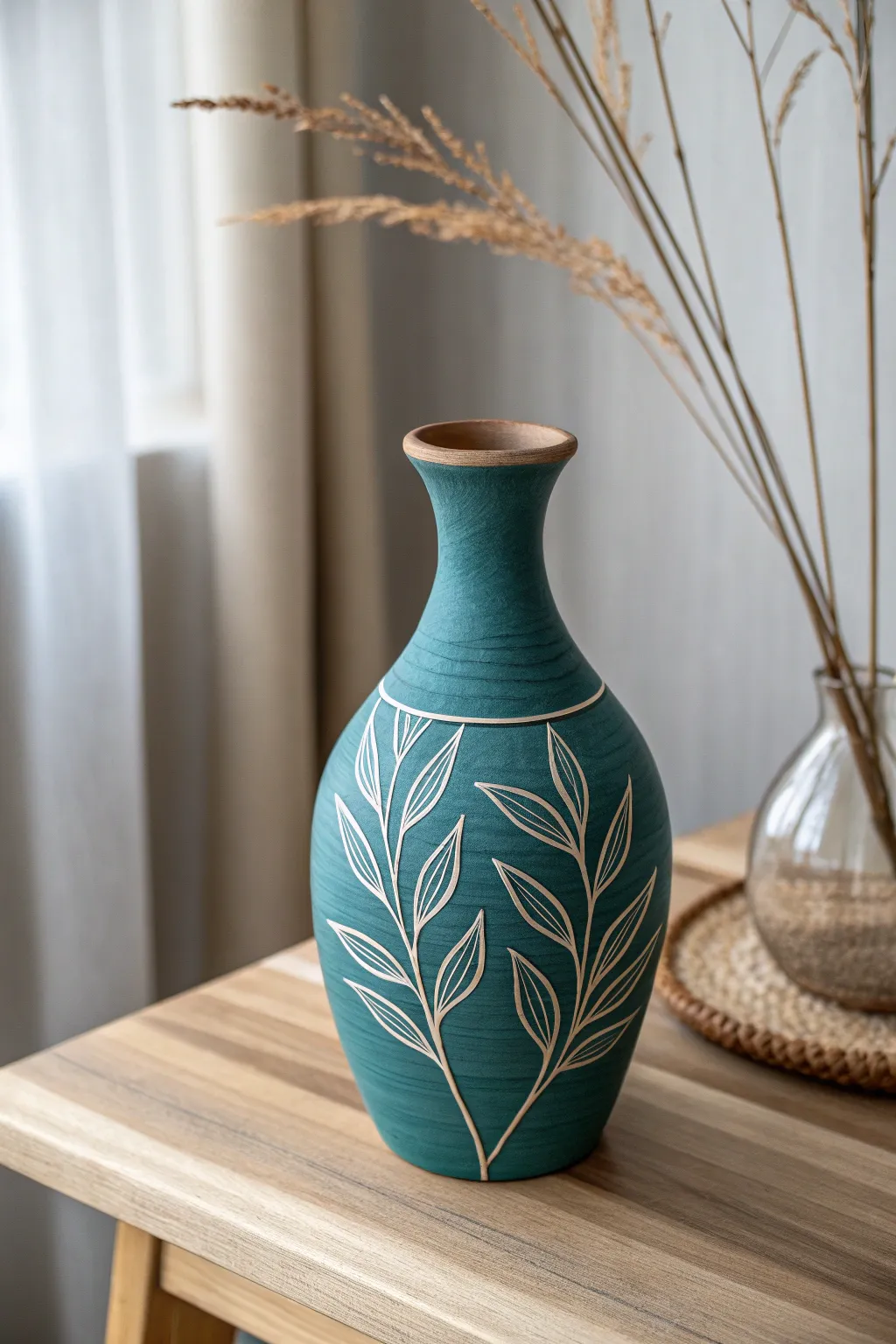 Simple sgraffito vase with teal slip and carved leaf lines, styled with airy dried stems.
