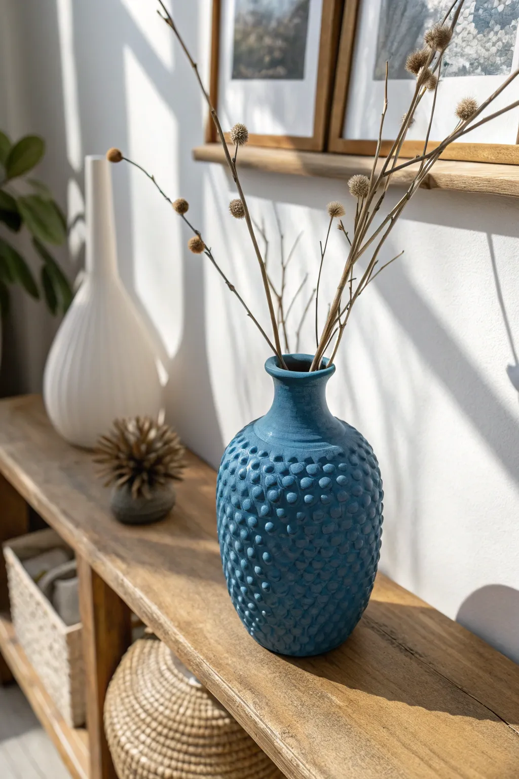 Playful bubble-textured vase in bold color, sunlit on a minimal shelf with billy button stems.