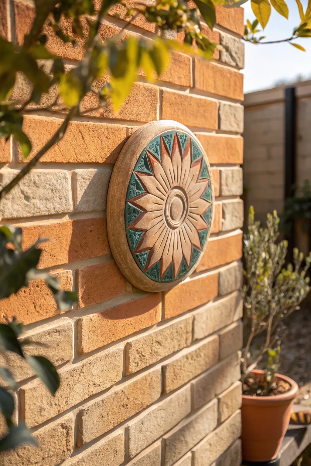 Sunlit ceramic garden medallion on brick wall, earthy glaze with bold teal for outdoor charm.