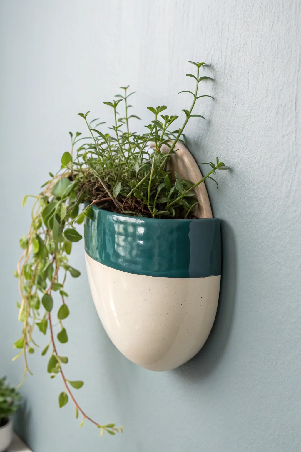 Floating ceramic wall pocket with hidden hanger and a simple trailing plant, minimal yet bold.