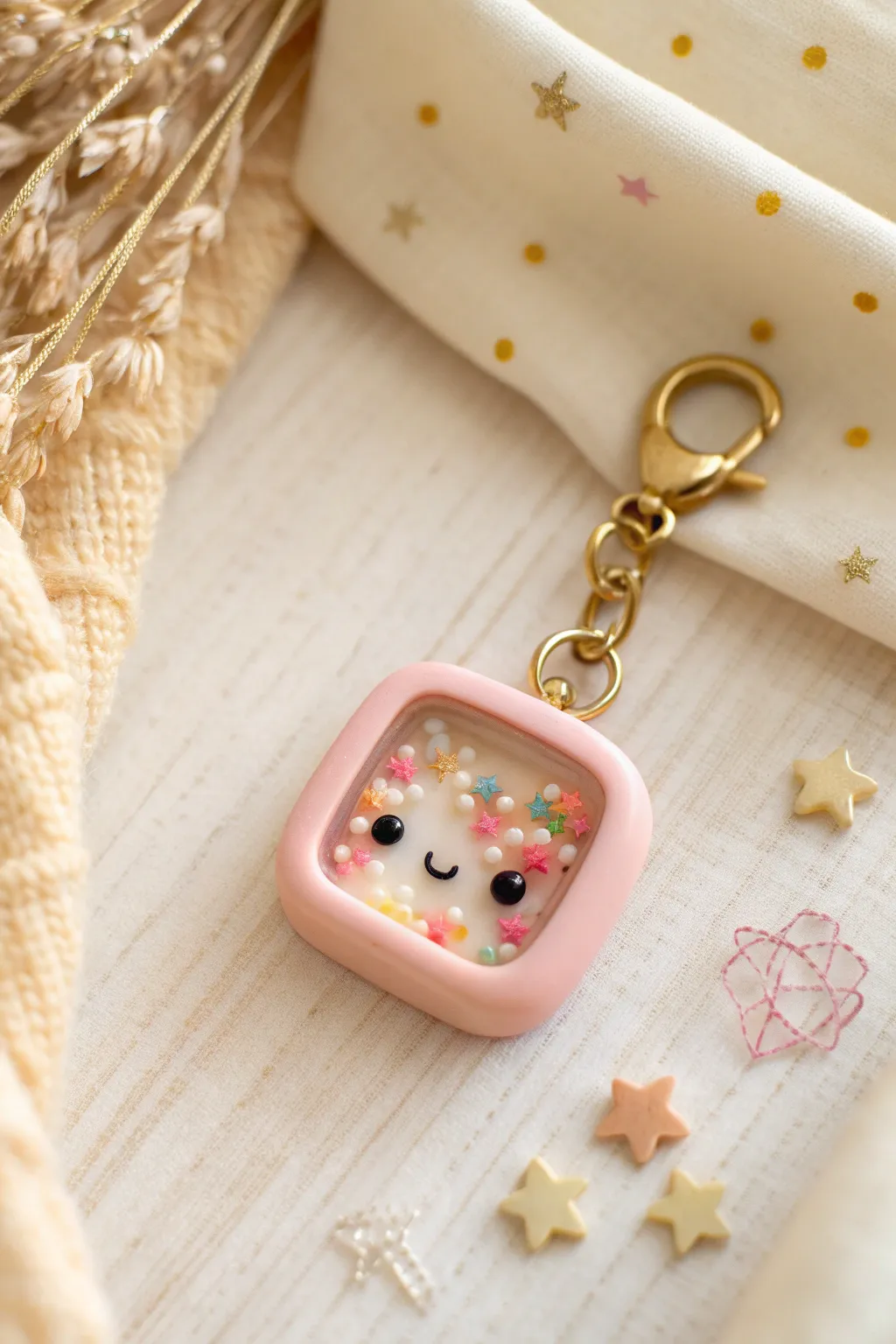 Chunky kawaii shaker charm with a clear sprinkle window, minimal face, and bold pops of color