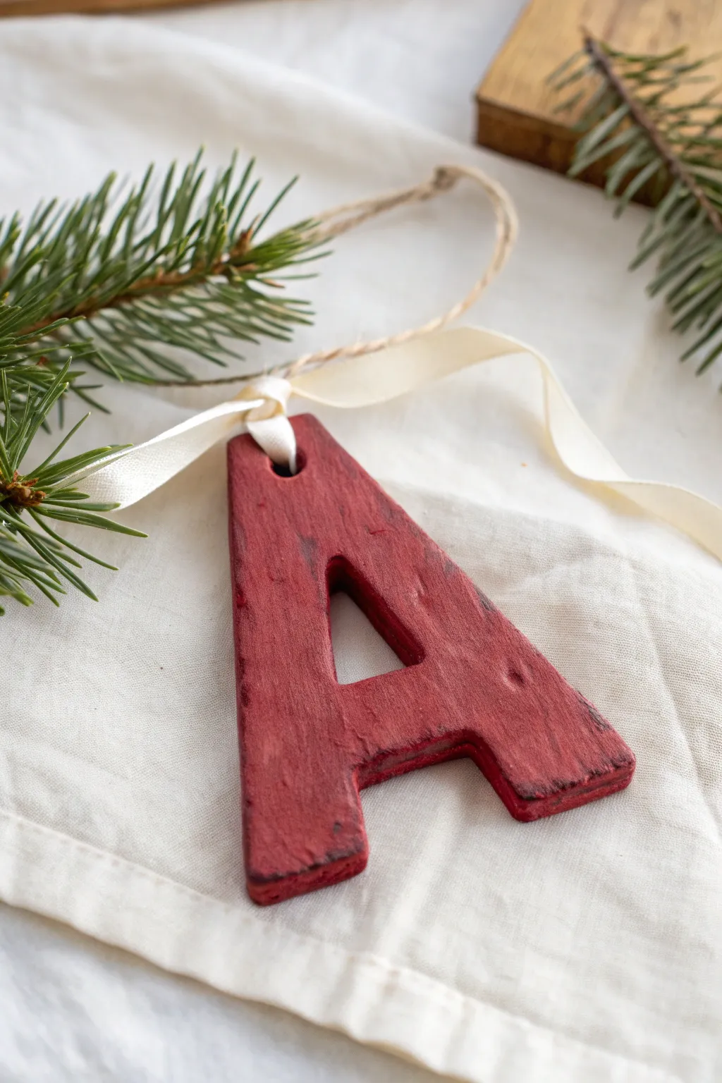 Chunky air clay initial ornament in festive red with velvet ribbon, minimalist holiday charm