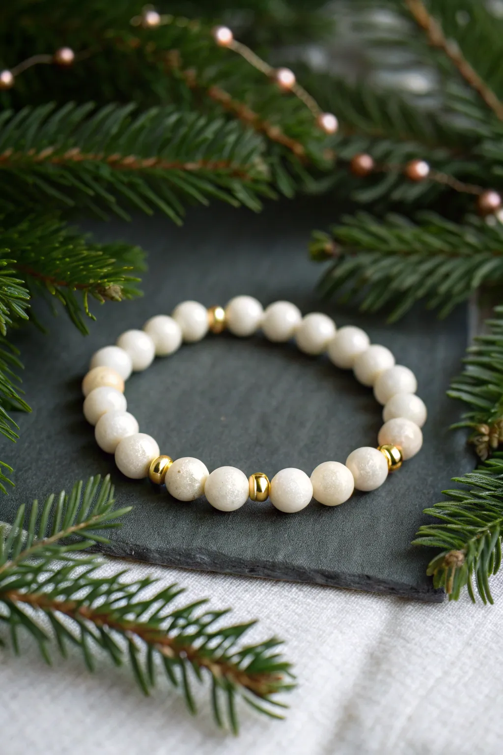Elegant pearl mixed clay bead bracelet with gold spacers, perfect for a dressy Christmas look