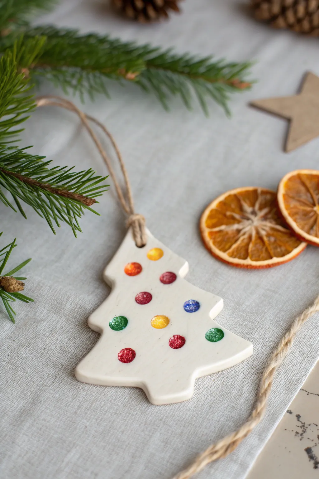 Minimal clay tree ornament with colorful fingerprint lights, a tiny star, and cozy Nordic boho styling