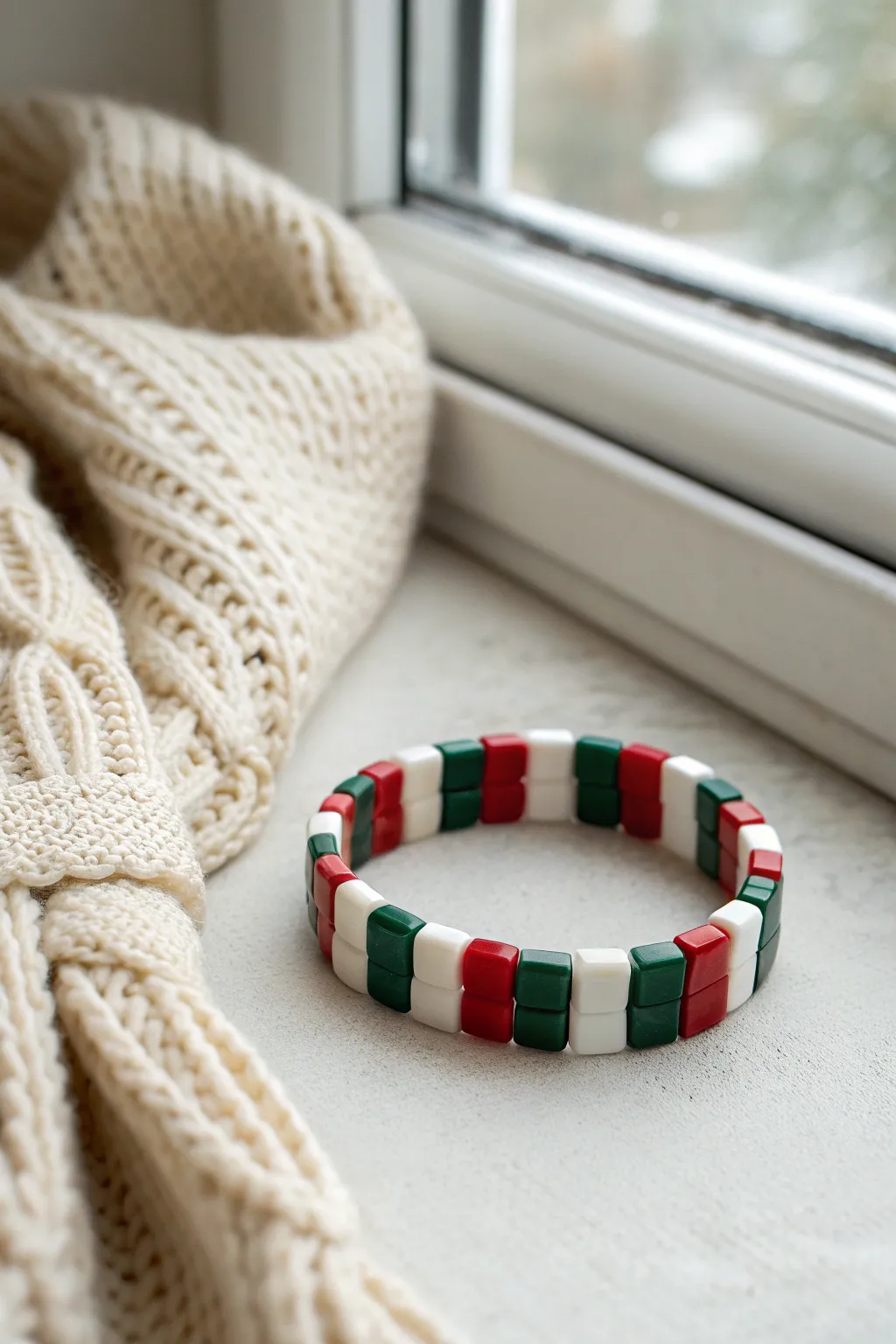 Cozy holiday clay bracelet with sweater-like red, white, green blocks beside a soft neutral knit scarf.