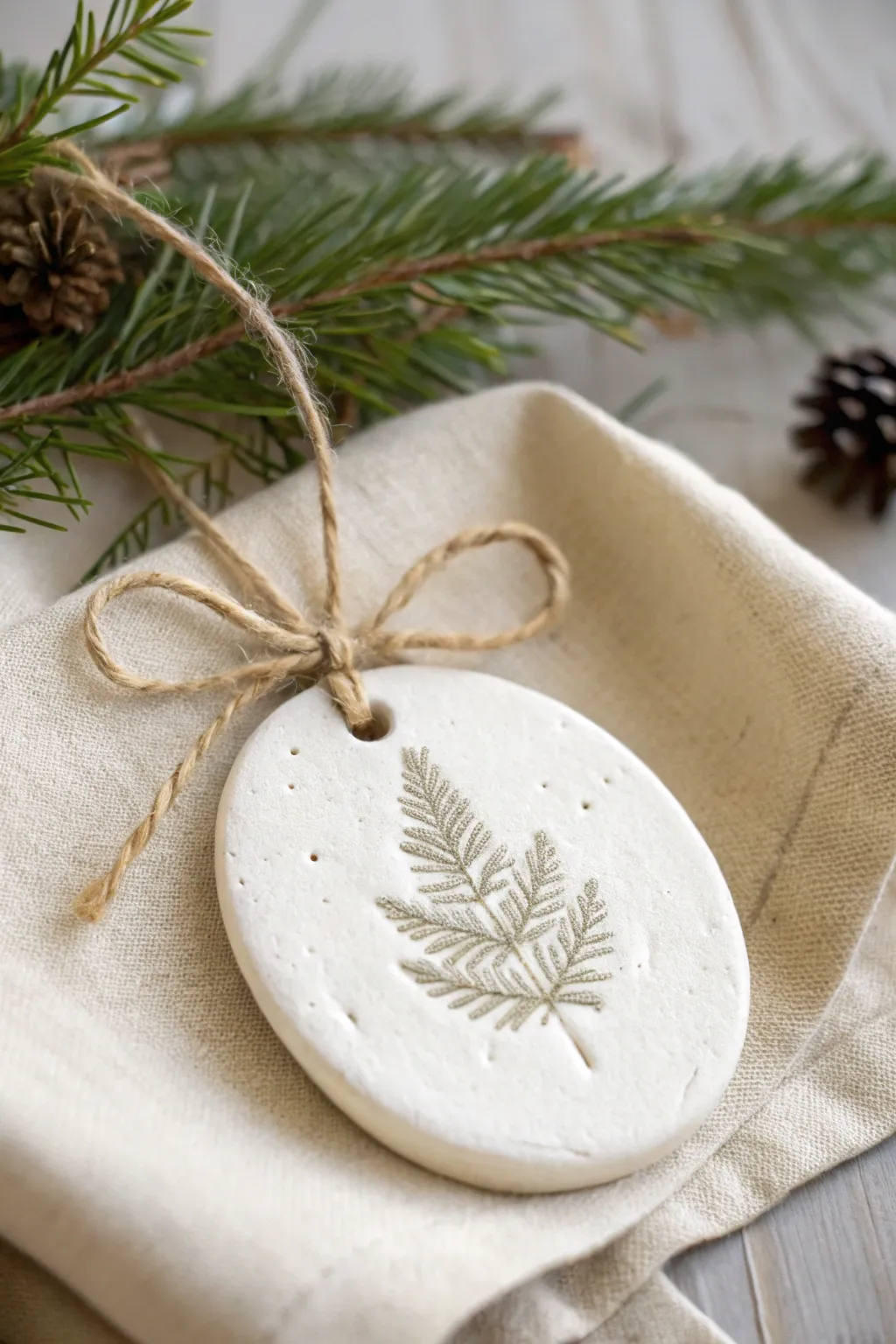 Minimalist clay ornament with evergreen imprint and twine on linen for a calm rustic Christmas