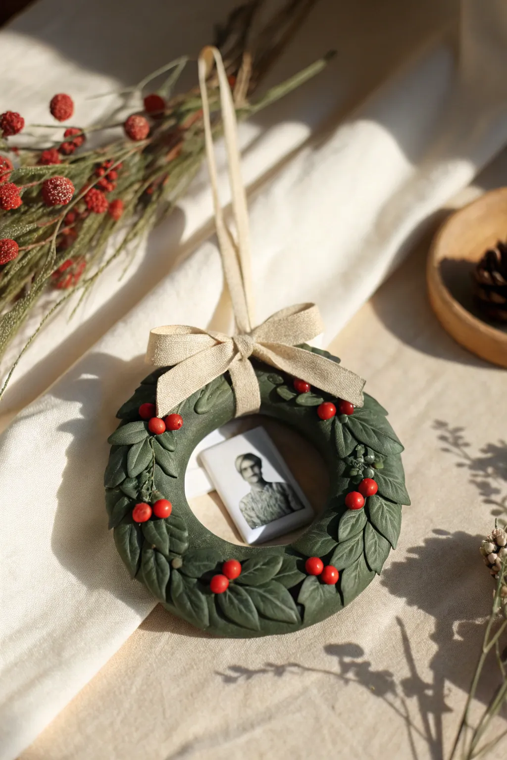 DIY clay wreath photo frame ornament with berries and bow, perfect for kids Christmas crafts