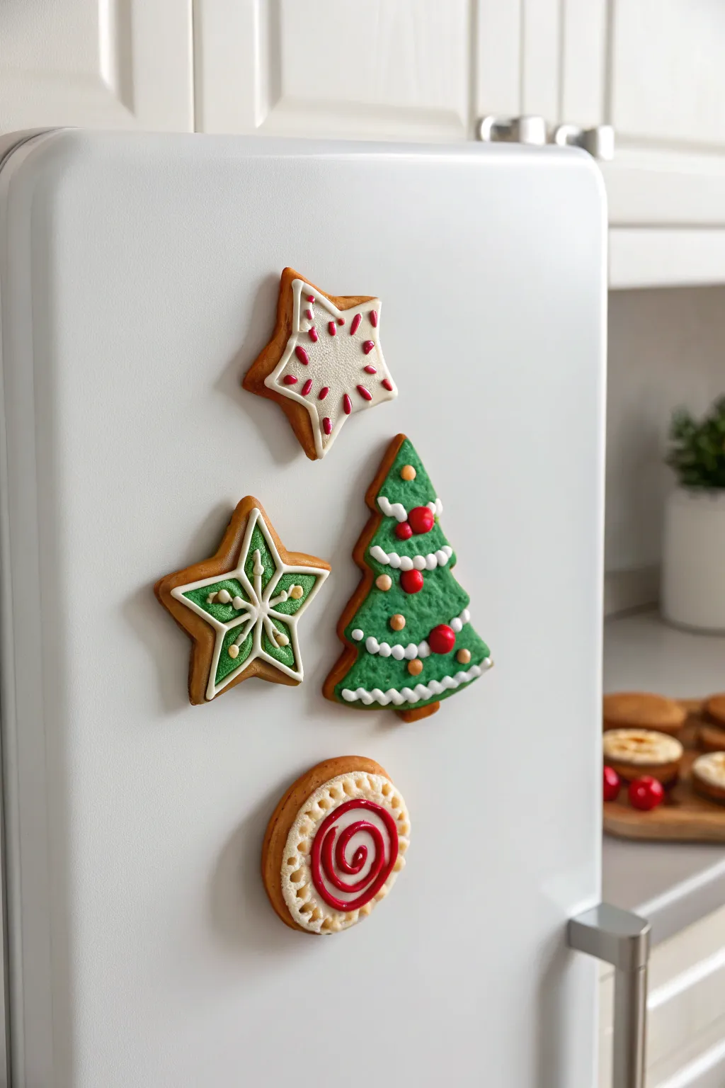 Handmade Christmas cookie clay magnet set for a festive fridge, Scandinavian minimal with boho color pop.