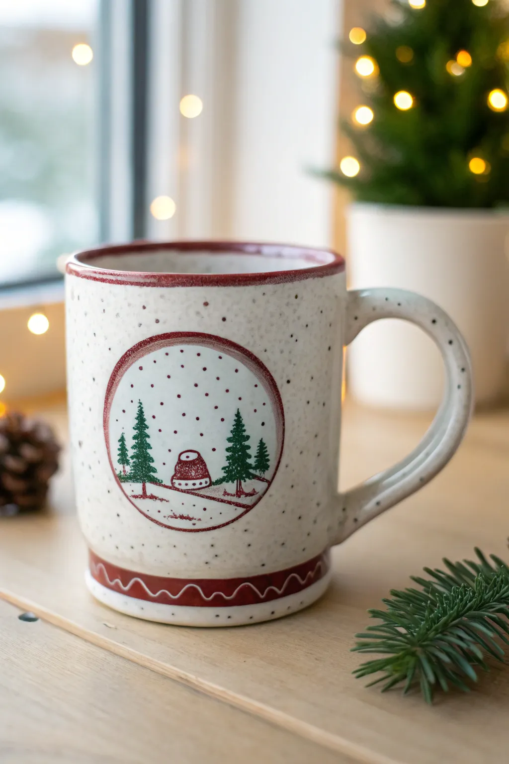 Minimal snow globe mug with a tiny winter scene, bold festive accents, and cozy handmade charm.
