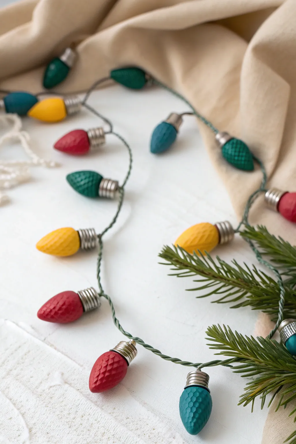 Bright clay light-bulb charms in a minimalist garland, perfect for easy festive decorating