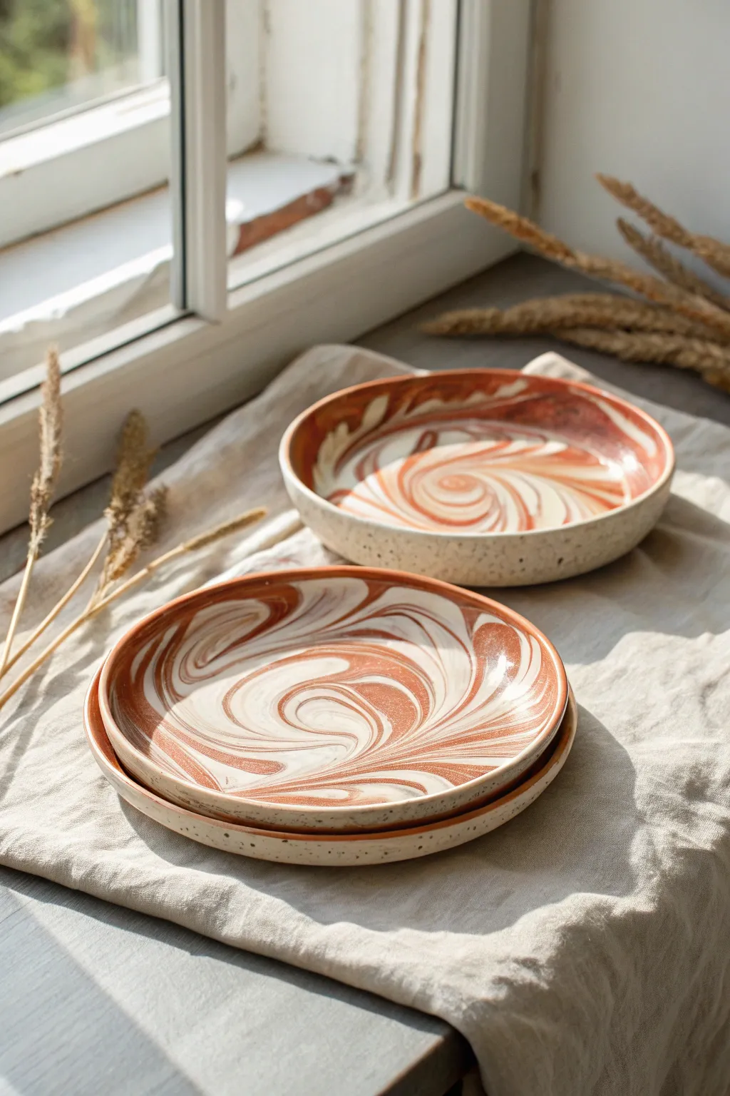 Bold marbled circle slab dishes, stacked for a clean minimalist look with warm boho texture.