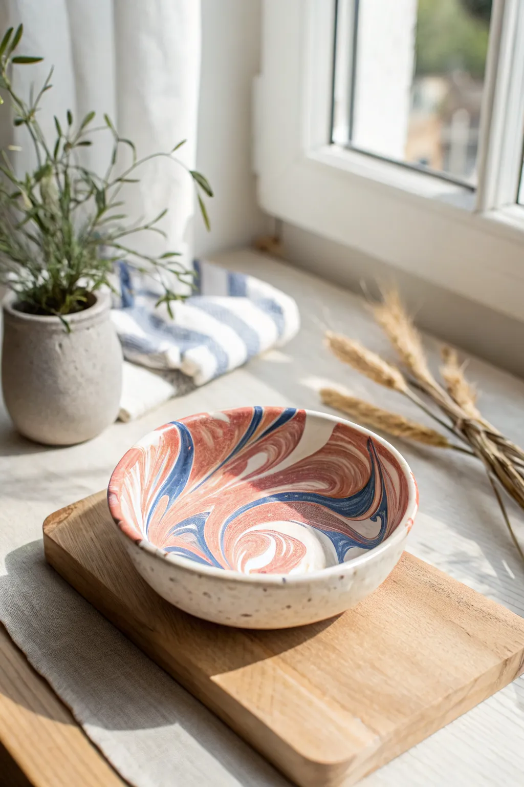 Marbled clay dish with bold swirls, minimalist styling and sunlit color for easy DIY inspiration.