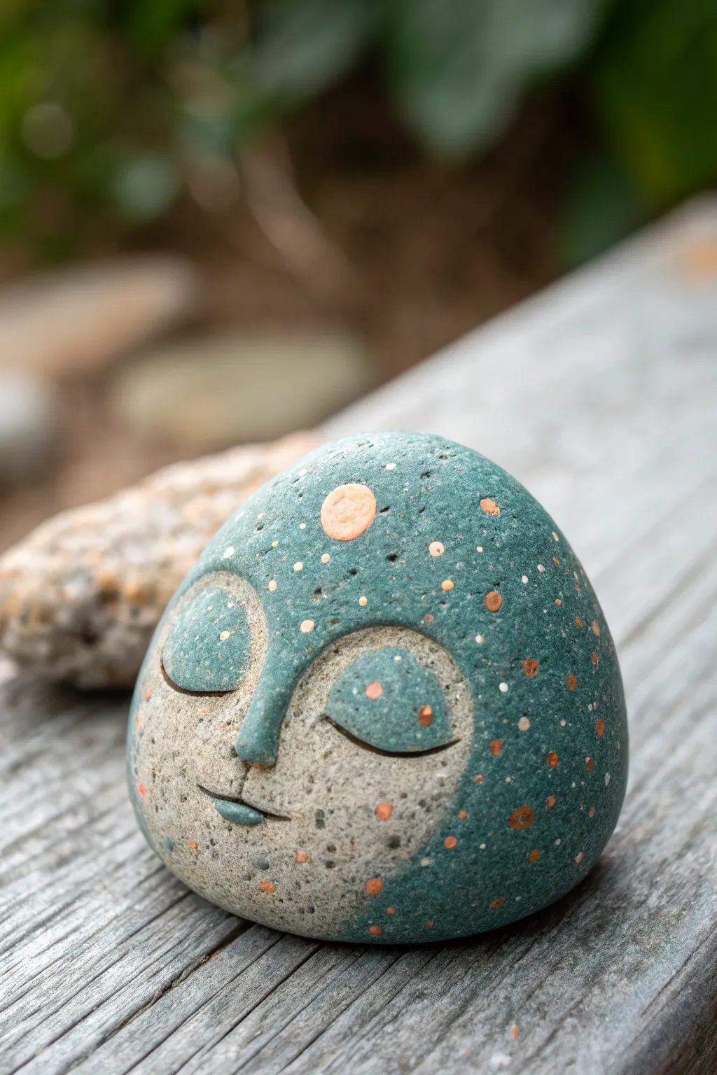 Sleepy alien pet rock face, smooth and mysterious, bold teal glaze on a minimalist backdrop.