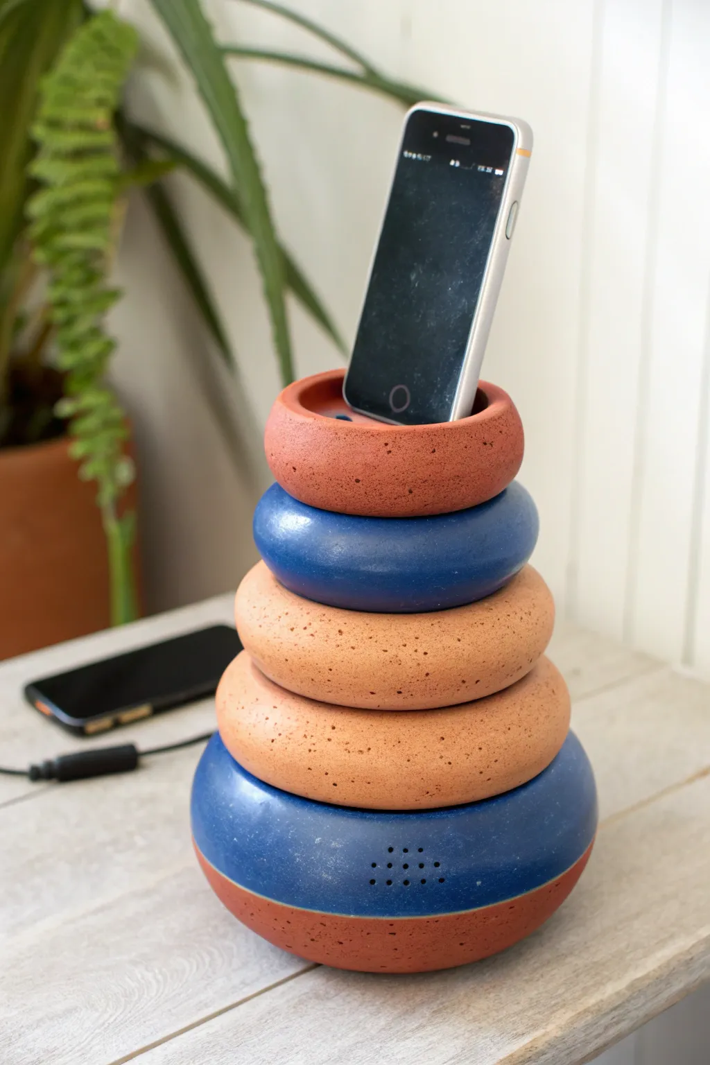 Playful stacked clay totem amp with hidden phone dock and bold front sound port.