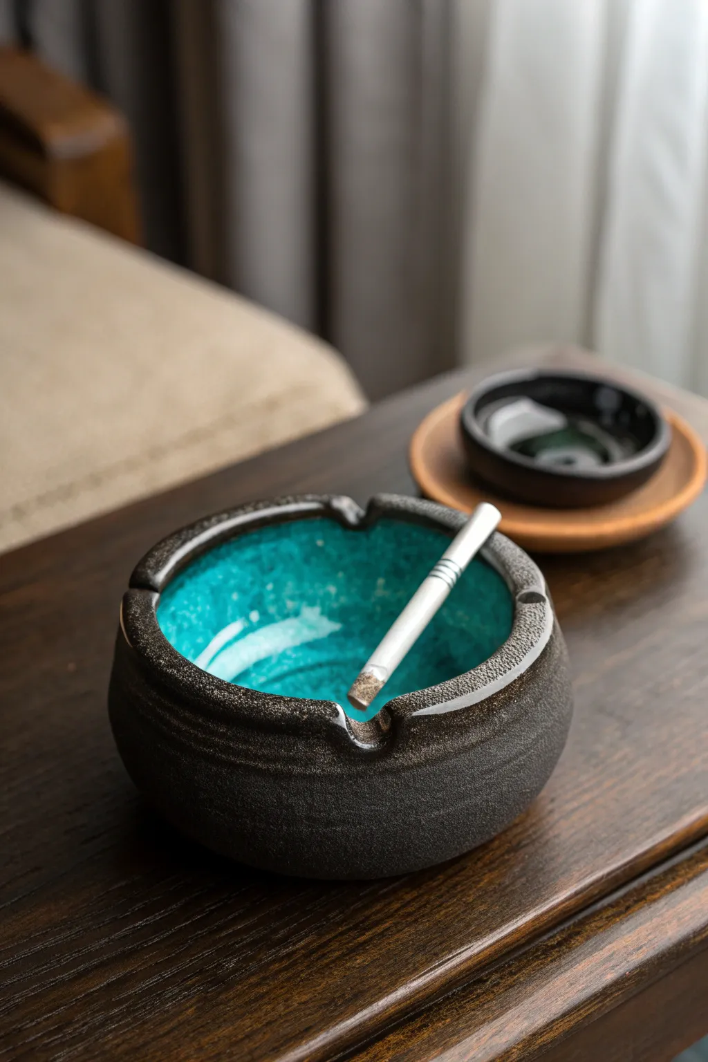 Mini cauldron clay ashtray with a glossy turquoise potion pool in moody, cozy minimal styling