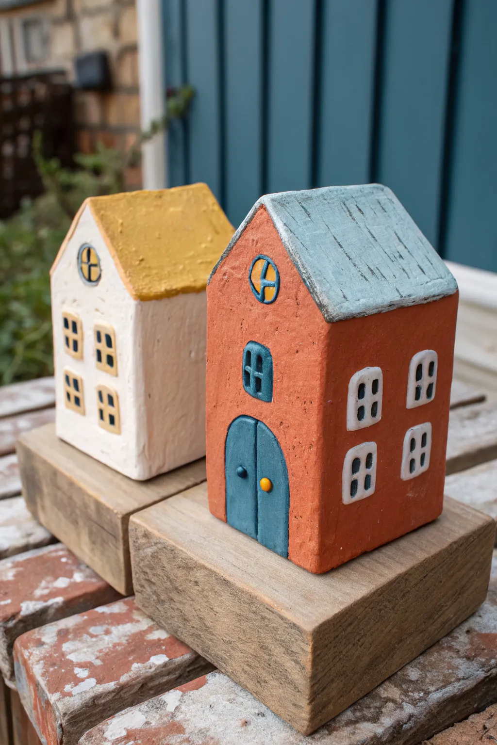 Two mini clay homes side by side, simple shapes and bold color, a cozy clay date idea to display together