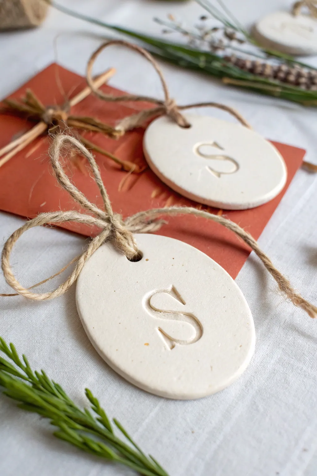 Minimal clay monogram tags in soft neutrals with a bold boho accent, ready for gifting.