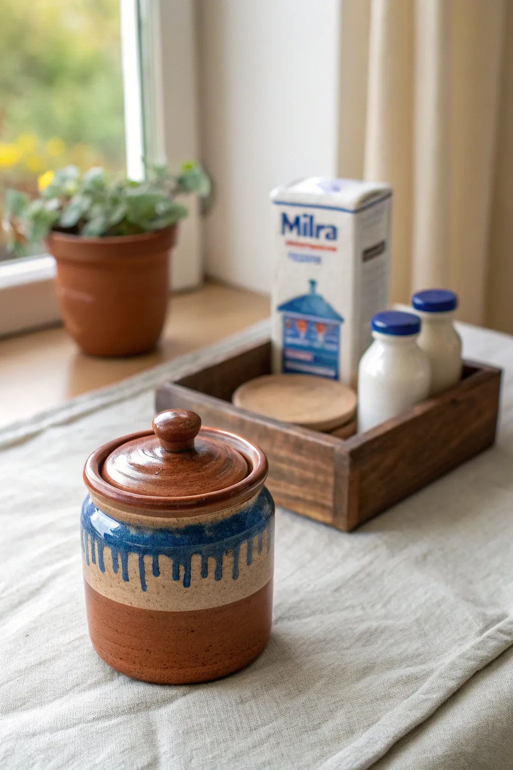 Mini clay pantry: a simple jam jar with tiny carton and bottle accents for food-themed charm.