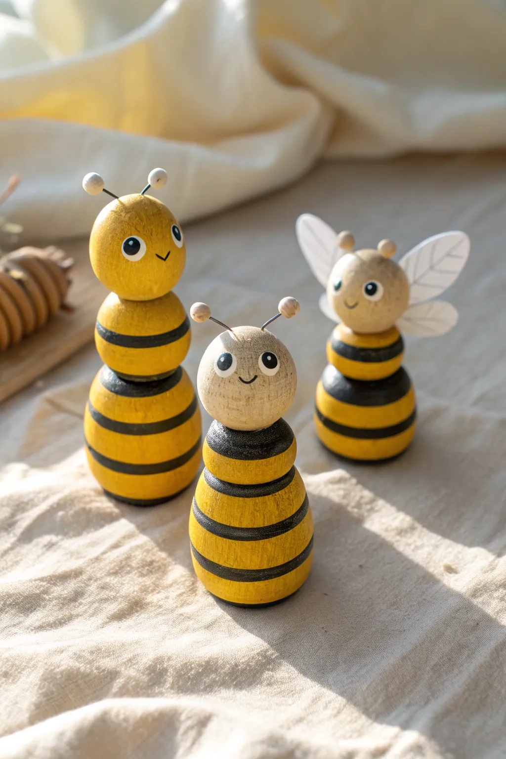 Three bead-bodied clay bees with bold stripes and simple wings, a sweet beginner-friendly set.