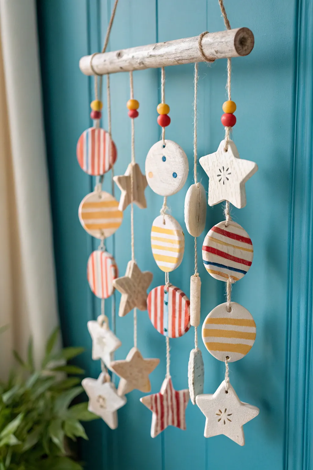 Simple clay wind chime with stamped stars and striped disks, bright kid friendly decor