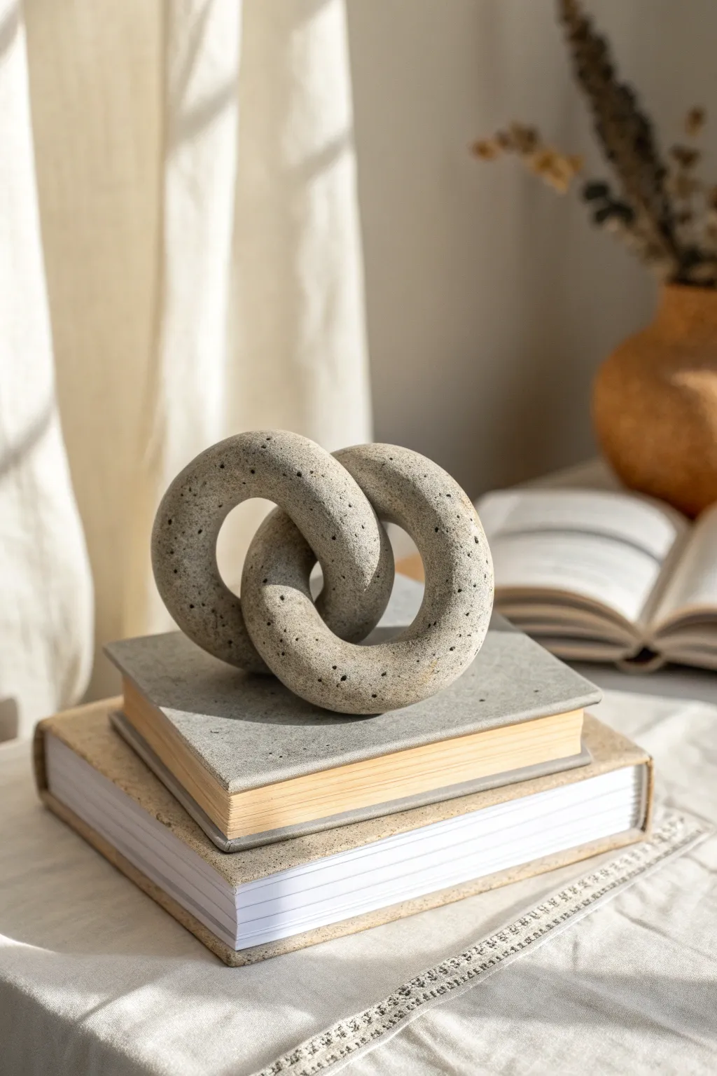 Matte stone-gray knot paperweight styled on books for a calm, modern minimalist shelf moment.