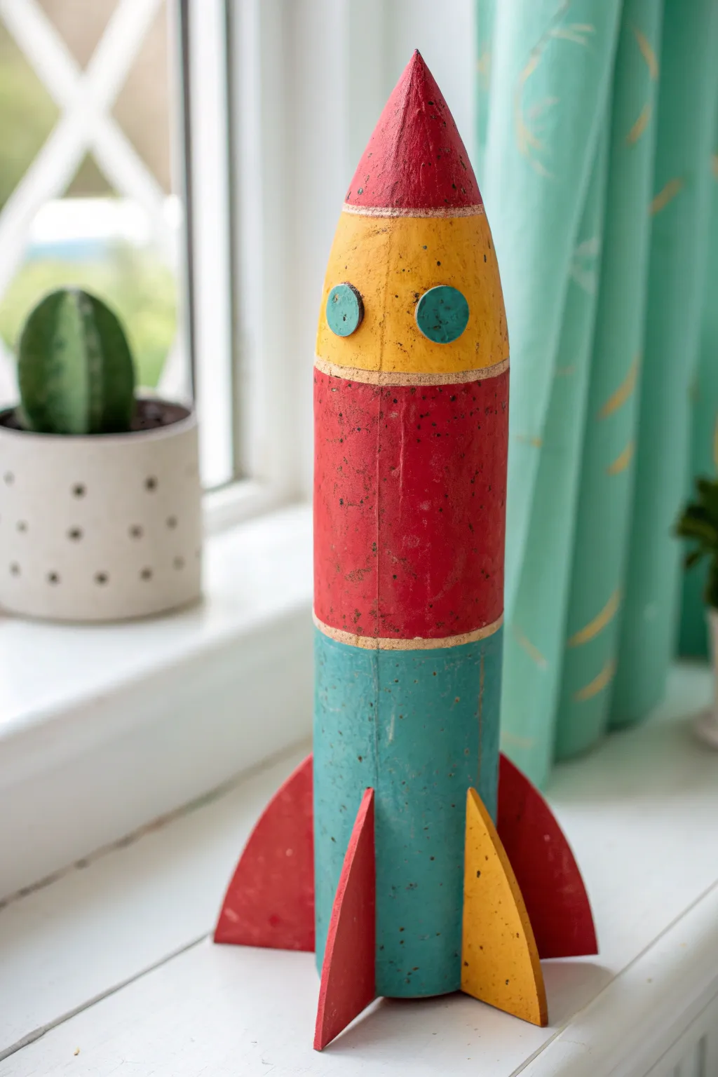 Kids clay rocket made with a recycled tube, bold colors, simple shape, ready for play