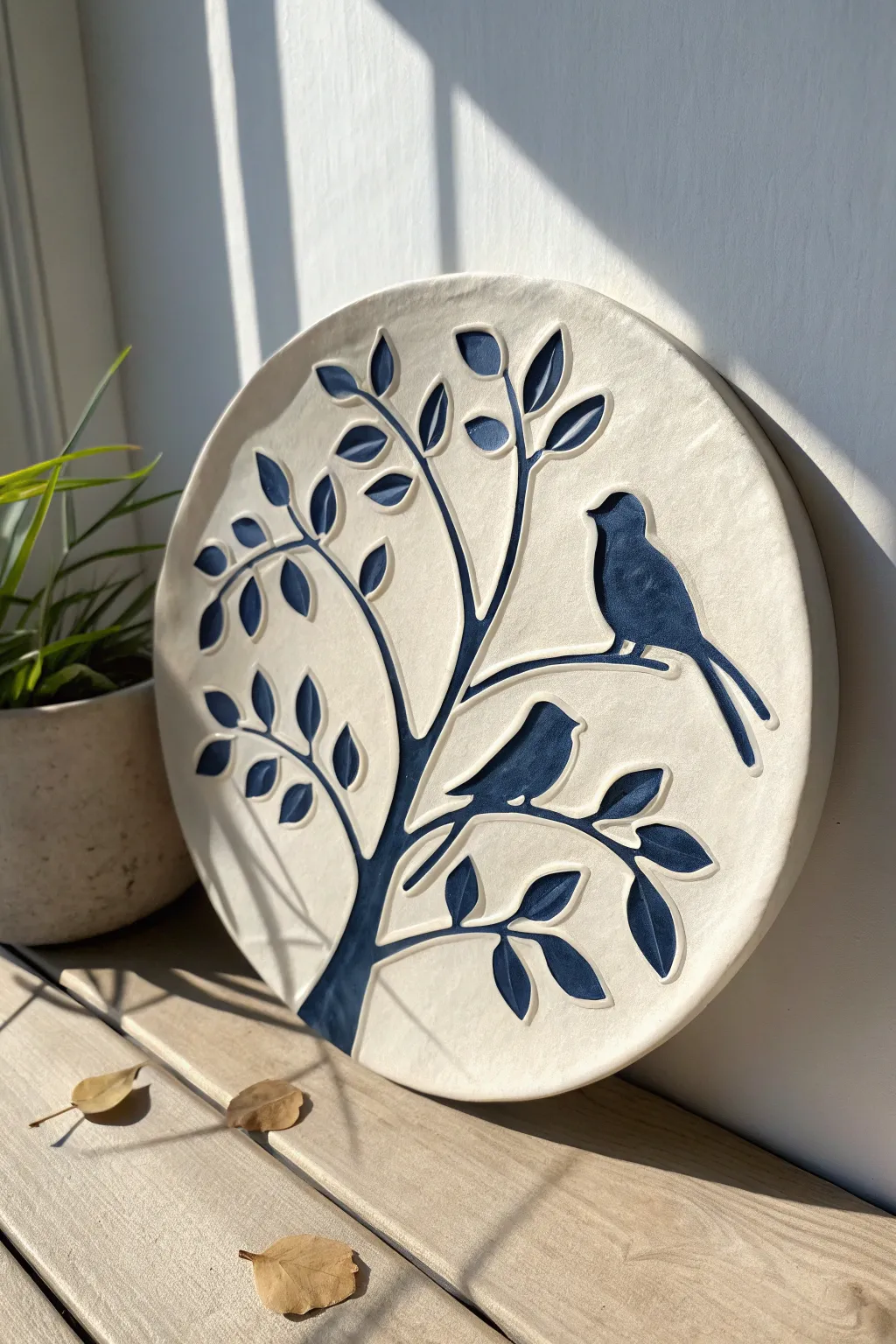 Bold 3D relief story plaque in minimalist clay, where simple birds and leaves cast rich shadows.