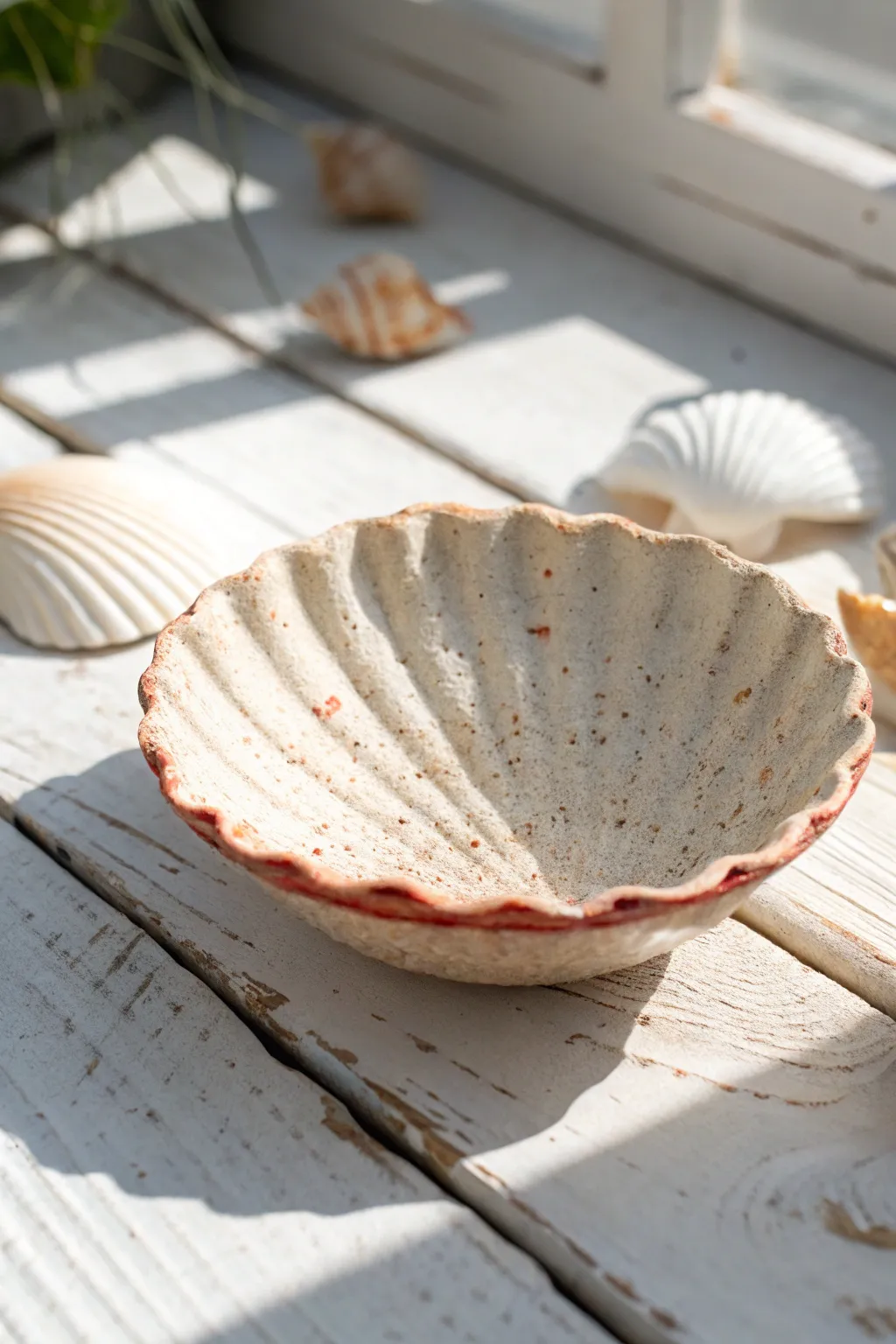 Seashell clay ashtray with beachy ridges in pearly sand tones for a calm coastal vibe