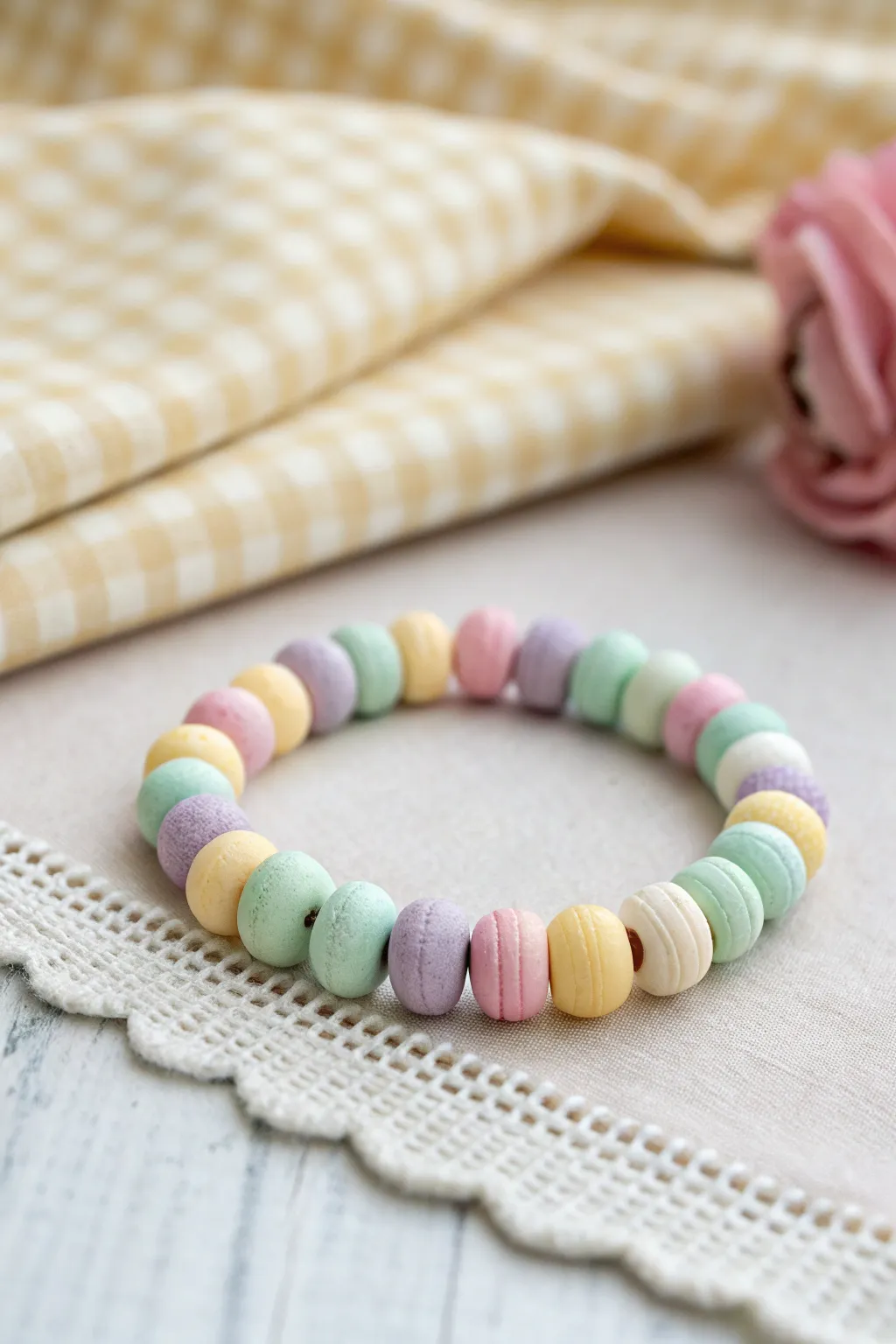 Pastel picnic clay bead bracelet in mint, blush, lavender and butter yellow for a sweet airy look