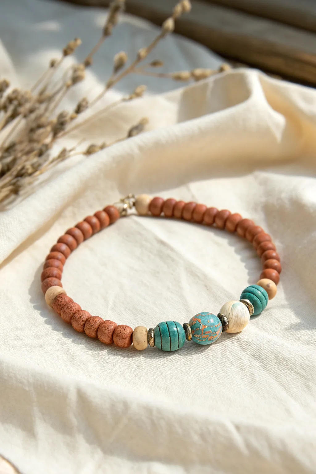 Marbled swirl heishi accents add effortless contrast to a bold, minimalist clay bead bracelet.