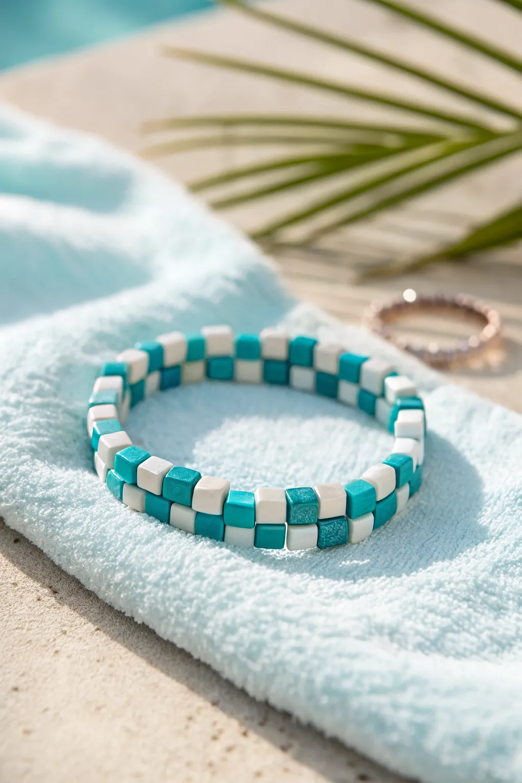 Poolside aqua and white checkerboard clay tile bracelet for an easy, fresh summer aesthetic