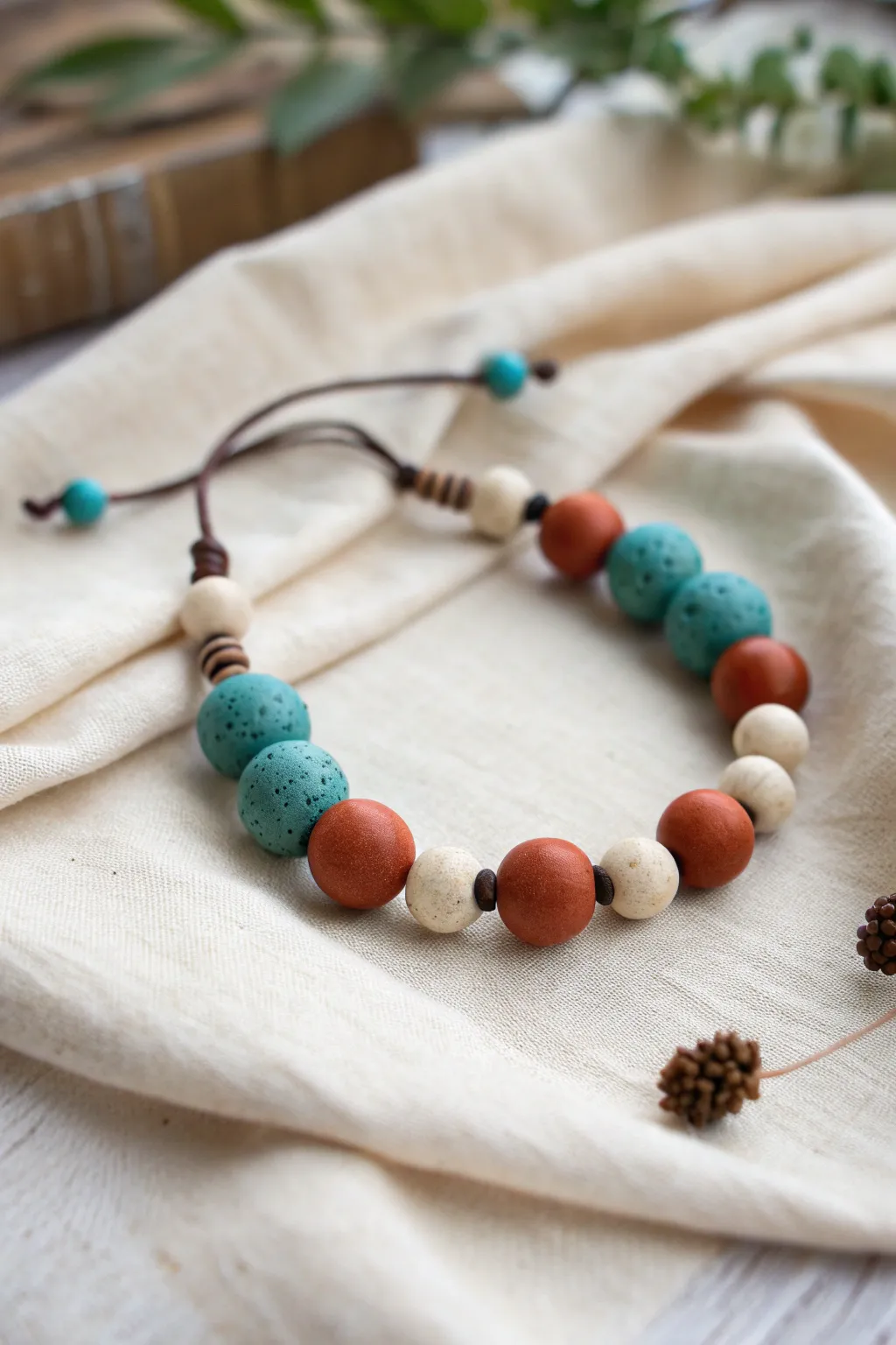 Teal and rust clay bead bracelet with cream and espresso accents on soft linen, minimalist boho.