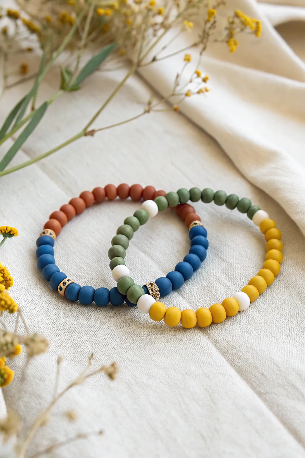 Best friend bracelet duo with puzzle-like color blocks in bold hues, minimalist and boho chic.